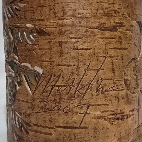 Birch Bark Carved and Hand Painted Signed Storage Container - Owls 6 1/4" 7 5/8" - Picture 3 of 8